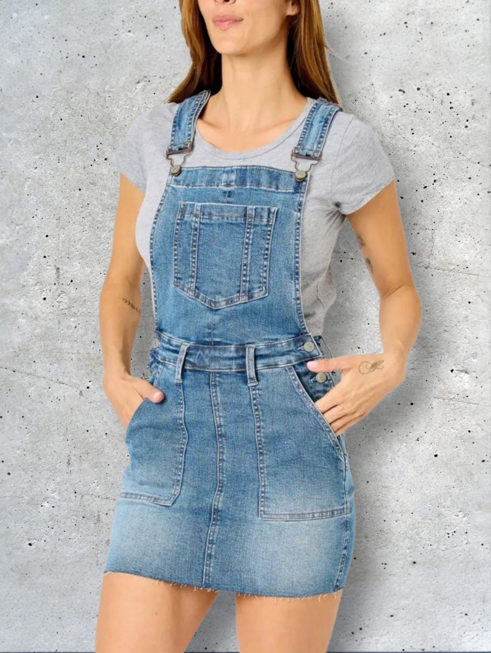 JUDY BLUE High Wasted Denim Raw Hem  Overall Skirt - Blue XL